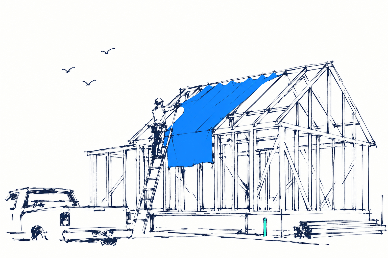Ink illustration: the wooden framing of a house under construction, a contractor on a ladder