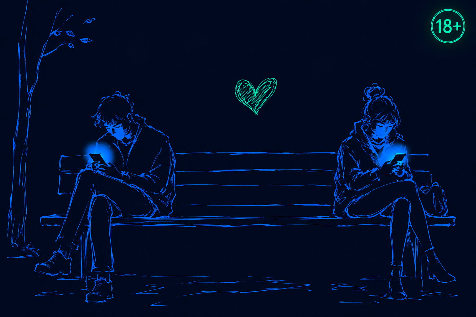 Ink illustration: two people on a bench, each lit by their phone