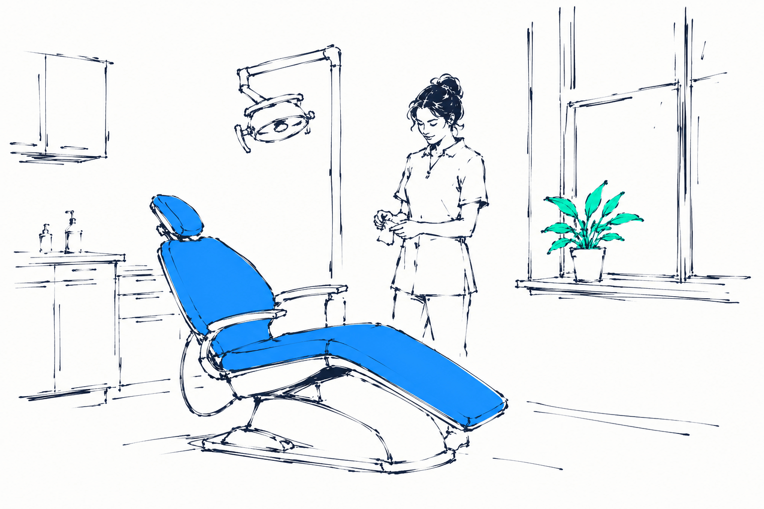 Ink illustration: a practitioner adjusting a treatment chair in a bright clinic
