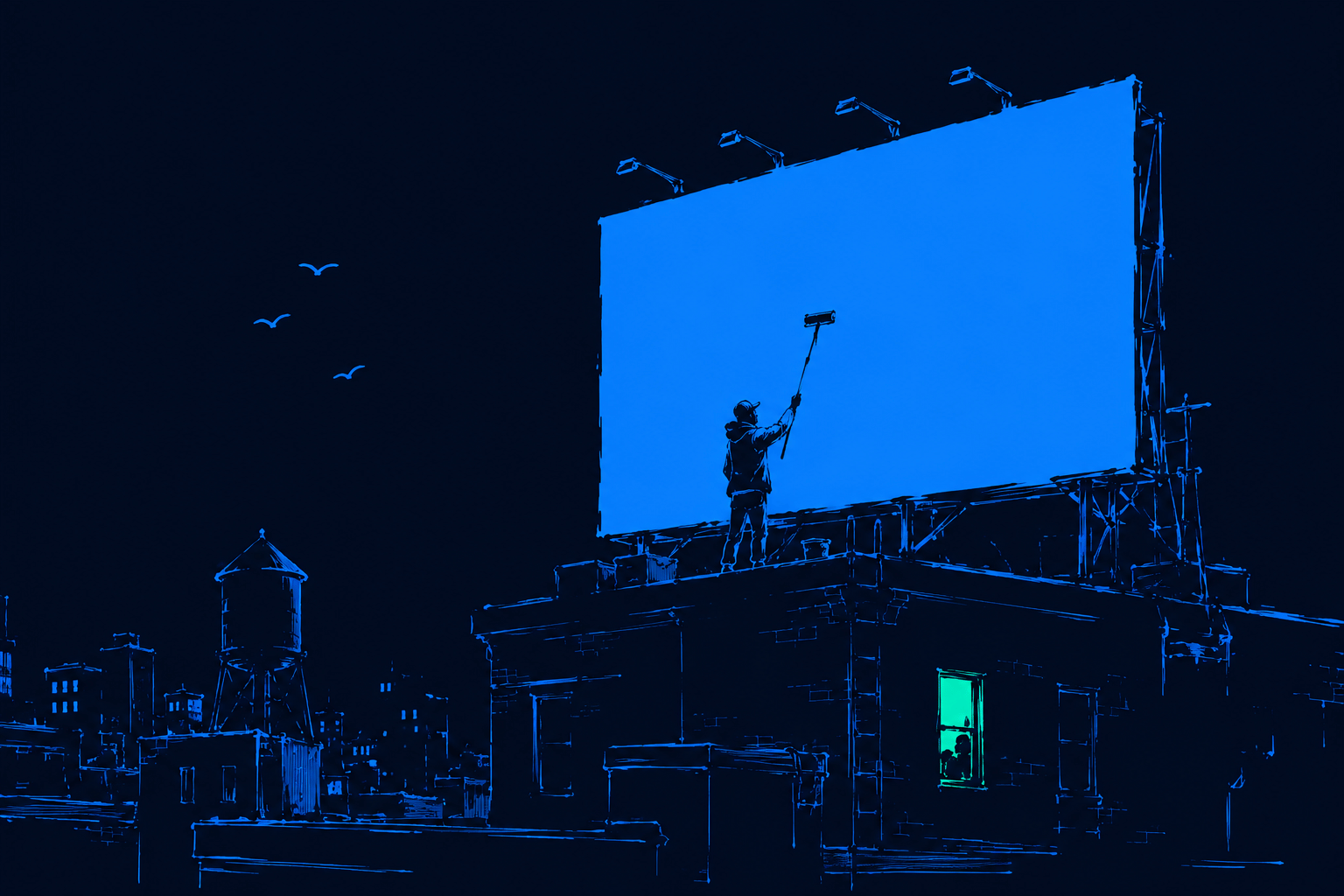 Ink illustration: a figure pasting a giant billboard on a rooftop at night