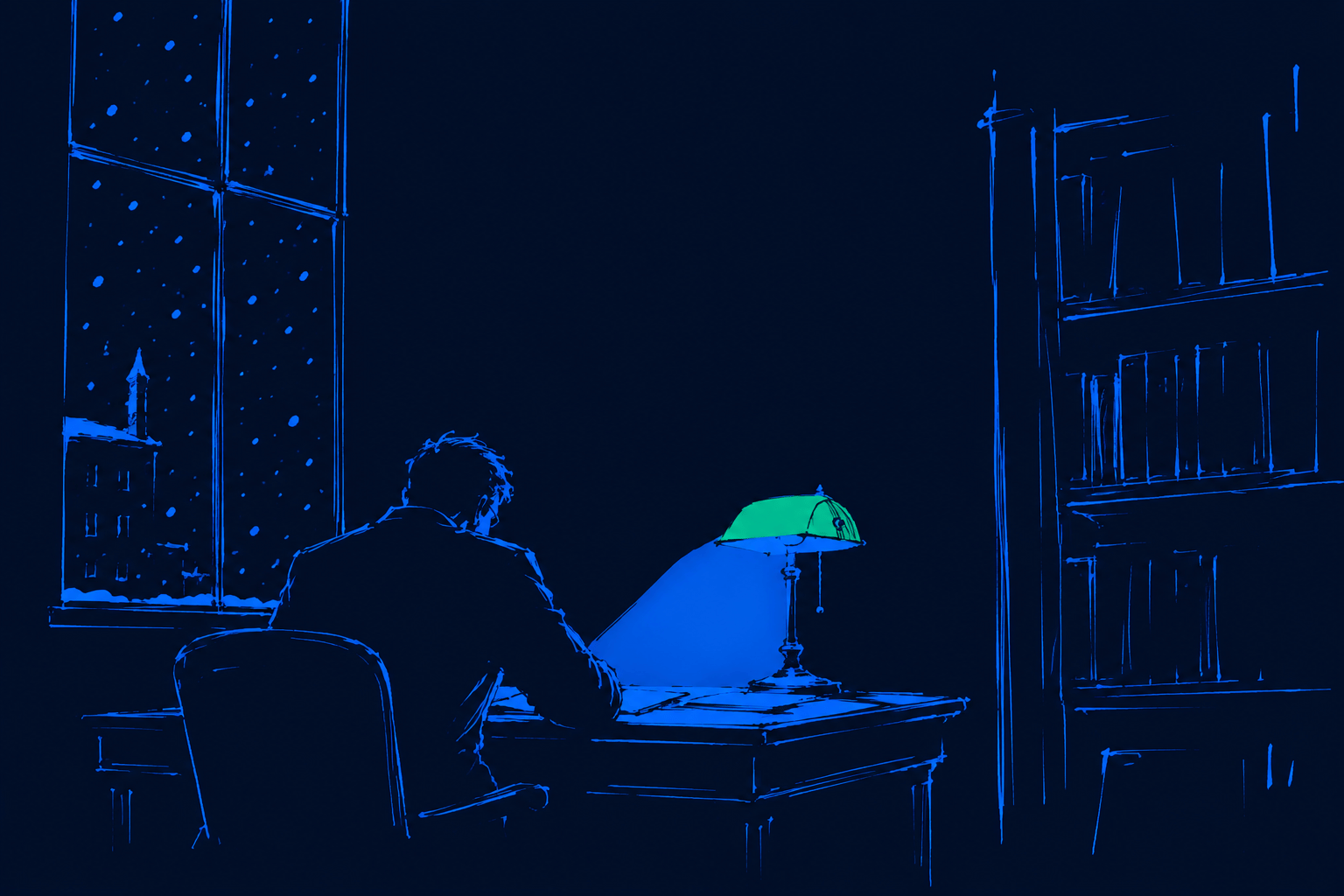 Ink illustration: a lawyer working by lamplight, snow falling past the window