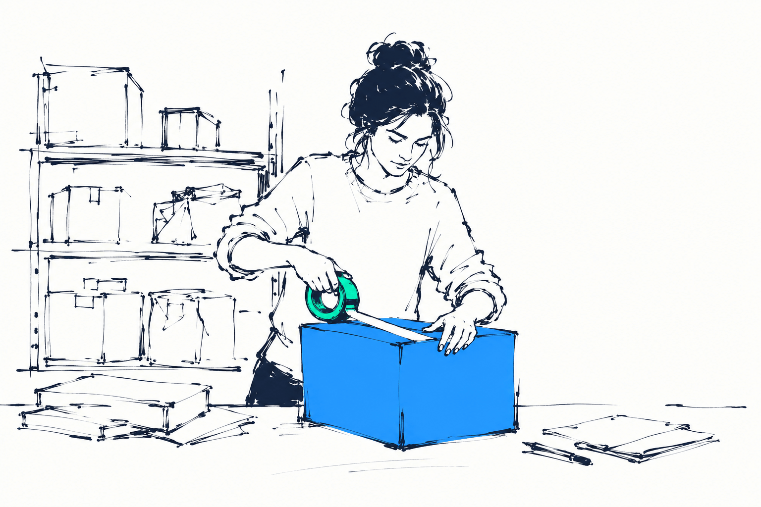 Ink illustration: a woman sealing a cardboard box on a packing table