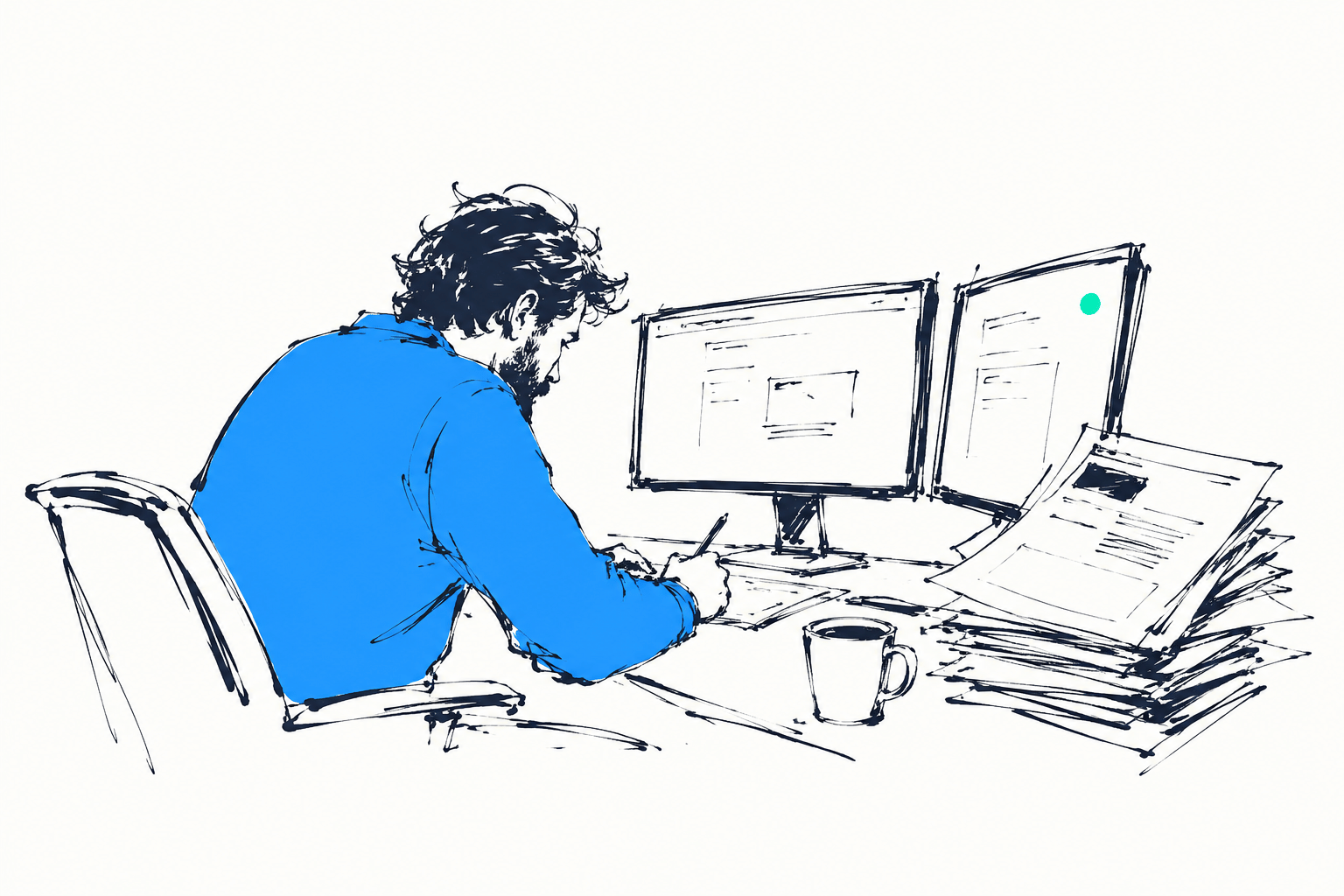 Ink illustration: a man hunched over a two-monitor desk
