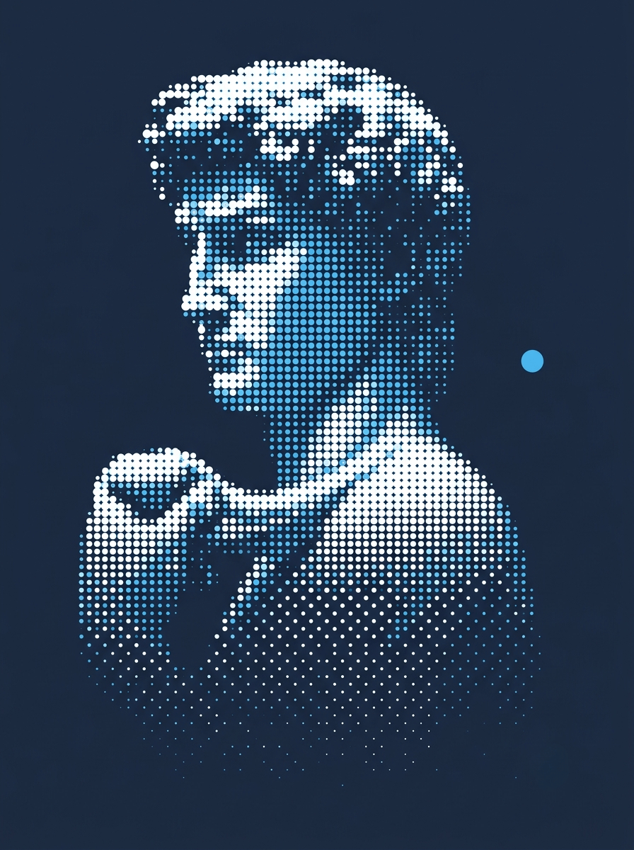 The head of Michelangelo's David rendered in halftone dots