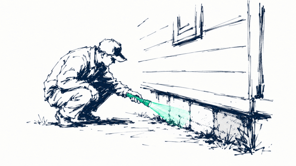 Ink illustration: a person crouching to check a house foundation with a flashlight before buying