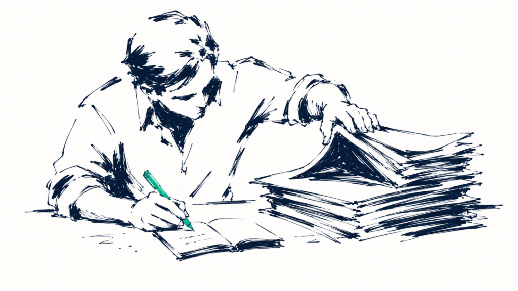 Ink illustration: a person pushing aside a thick printed stack to write three lines in a notebook
