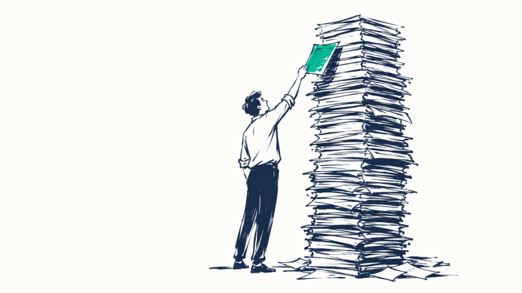 Illustration à l'encre : une personne tire un seul vieux journal d'une pile jaunie qui la dépasse