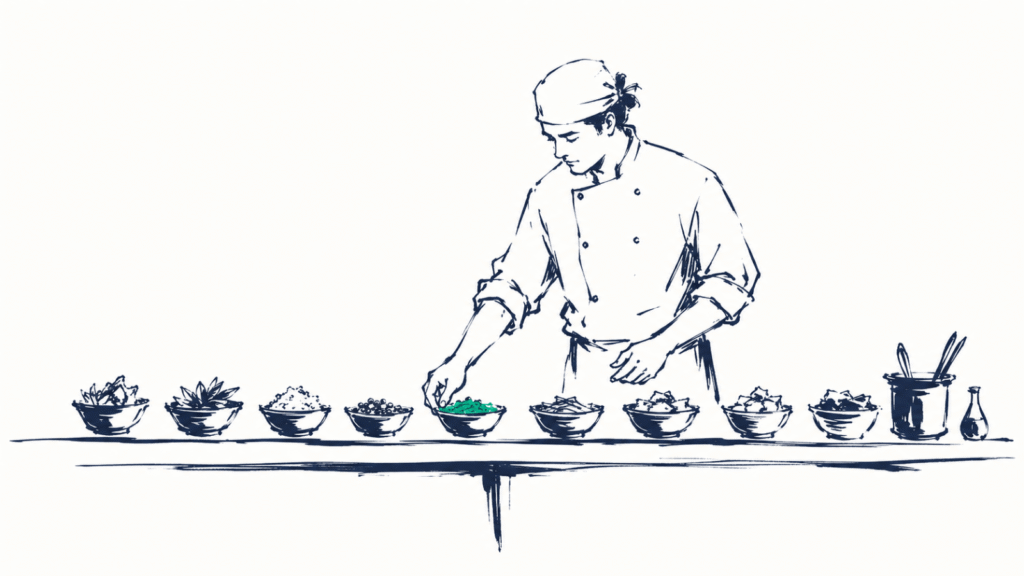 Illustration à l'encre : un cuisinier aligne ses ingrédients préparés sur un comptoir avant de commencer