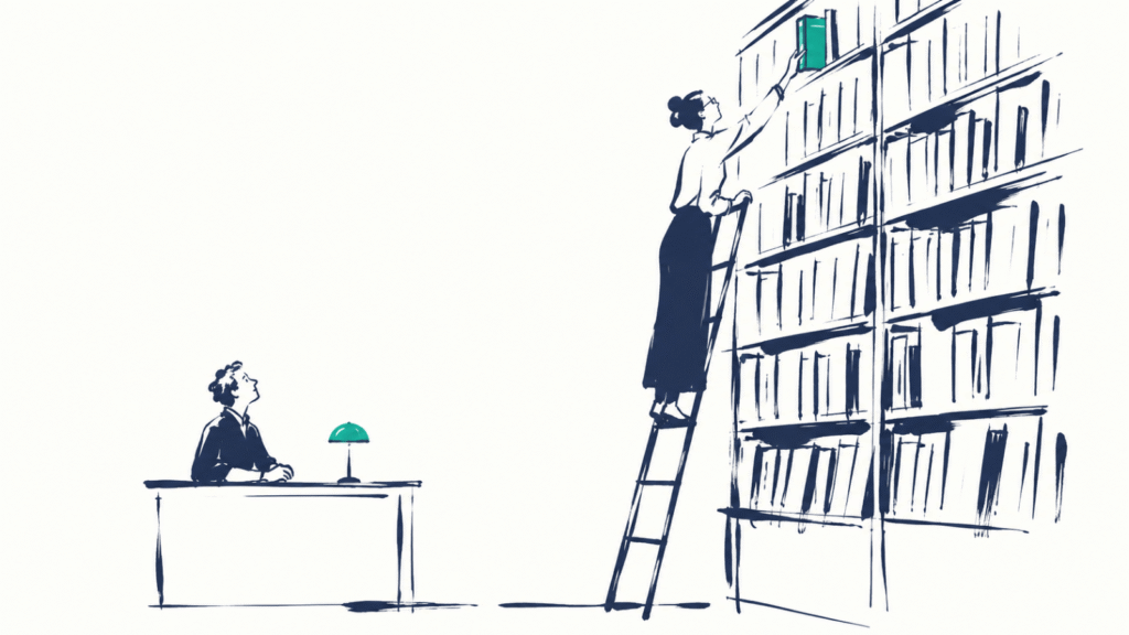 Illustration à l'encre : une bibliothécaire attrape un seul livre sur une haute étagère pendant qu'une personne attend au comptoir