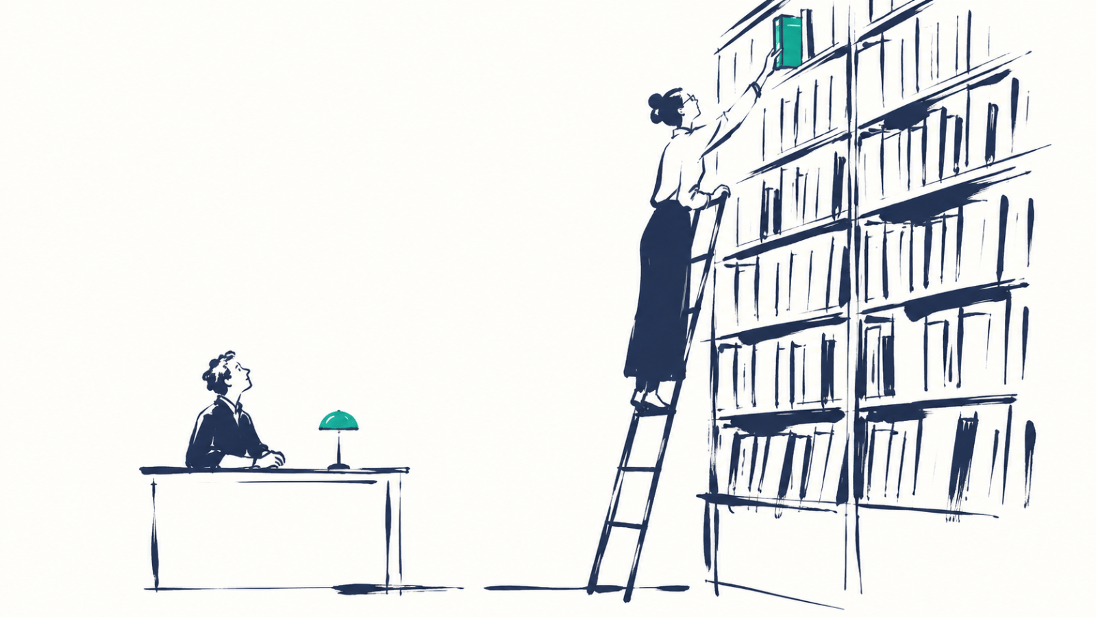 Illustration à l'encre : une bibliothécaire attrape un seul livre sur une haute étagère pendant qu'une personne attend au comptoir