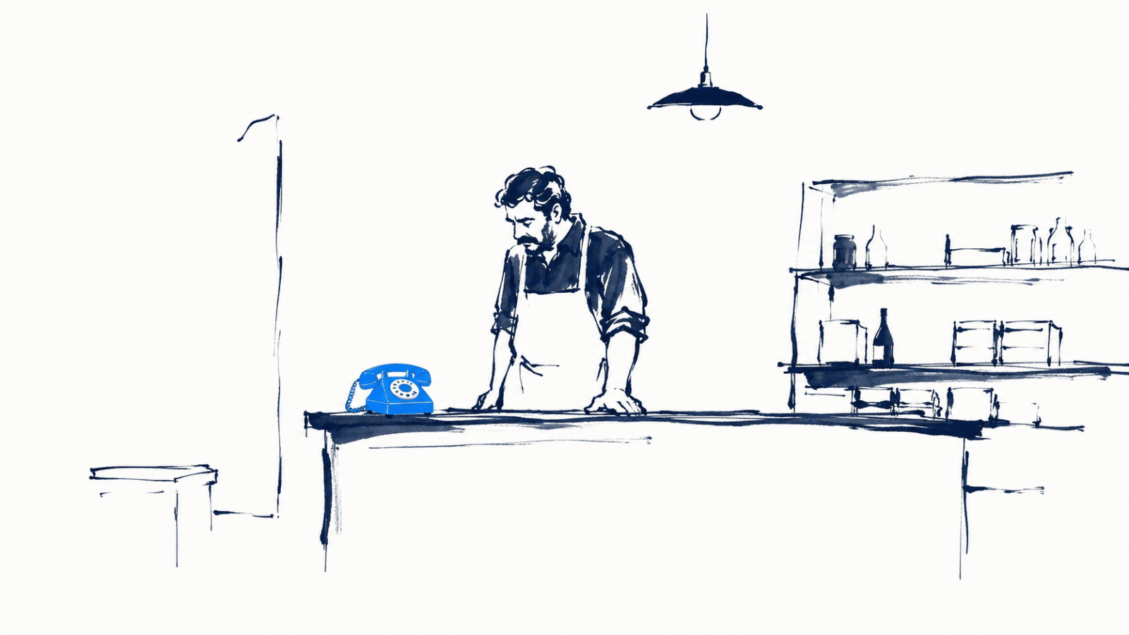 Illustration à l'encre : un commerçant seul derrière son comptoir regarde un téléphone qui ne sonne pas
