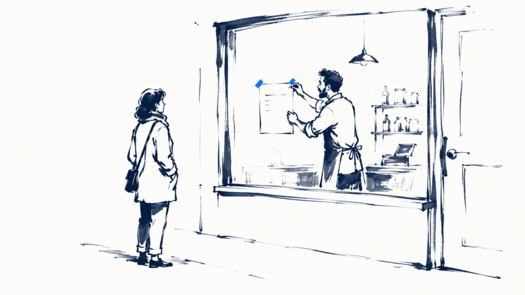 Ink illustration: a shop owner taping a handwritten note inside the window while a passer-by reads it from the street