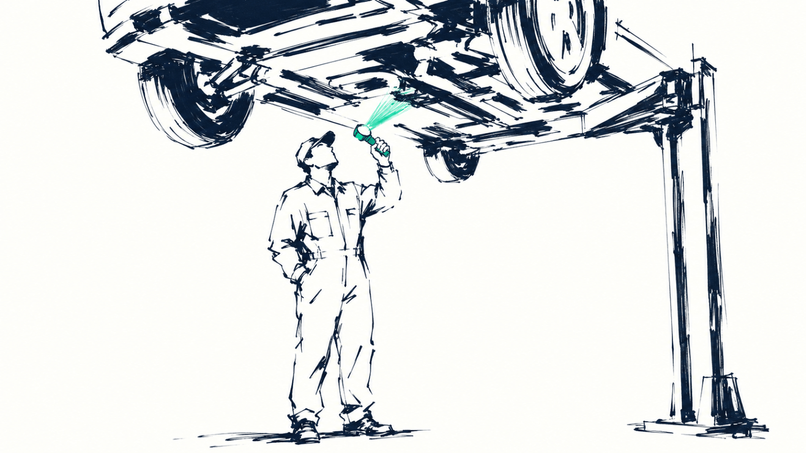 Illustration à l'encre : un mécanicien inspecte le dessous d'une voiture sur un pont élévateur, lampe de poche à la main