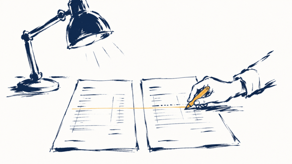 Ink illustration: two invoices side by side on a table under a lamp, compared line by line