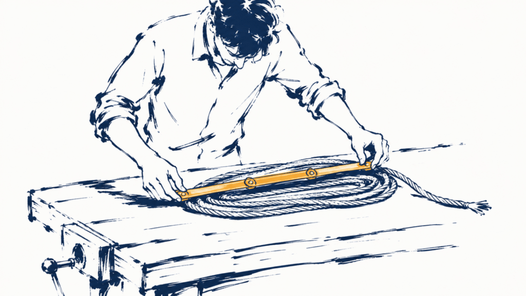 Ink illustration: a person measuring a length of rope with a folding ruler on a workbench