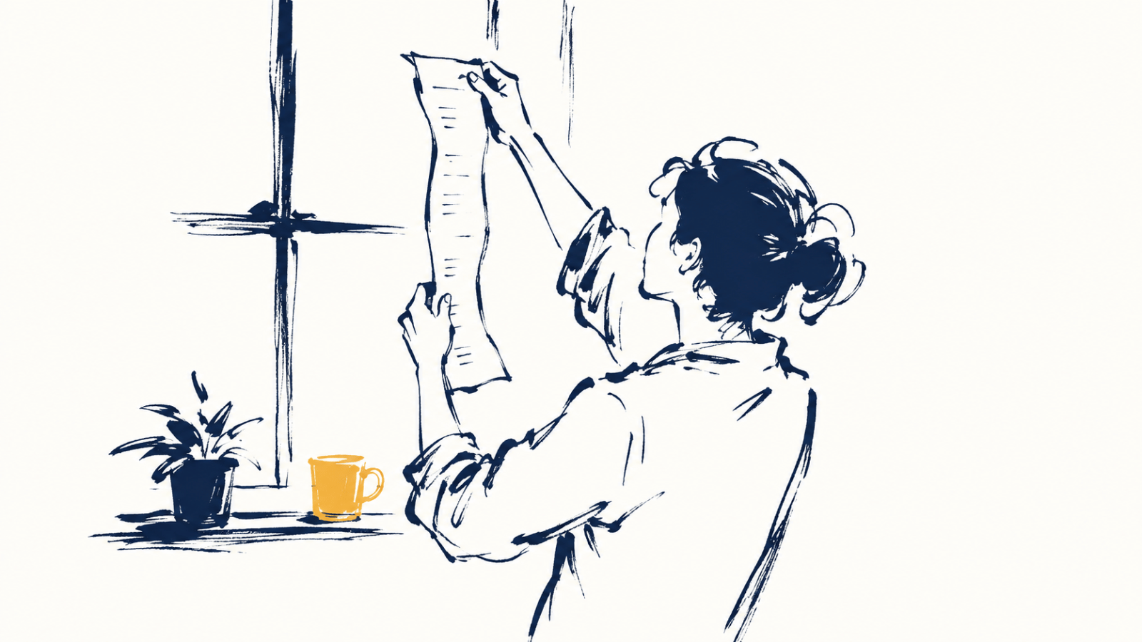 Illustration à l'encre : une personne lève un reçu de papier vers la fenêtre pour le lire à contre-jour