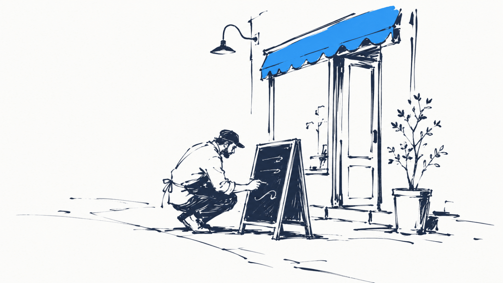 Illustration à l'encre : un commerçant accroupi sur le trottoir écrit ses prix à la craie sur un chevalet, au petit matin