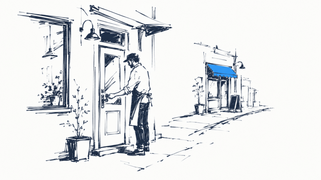 Ink illustration: a shop owner unlocking a second, smaller shop while the first is visible down the street