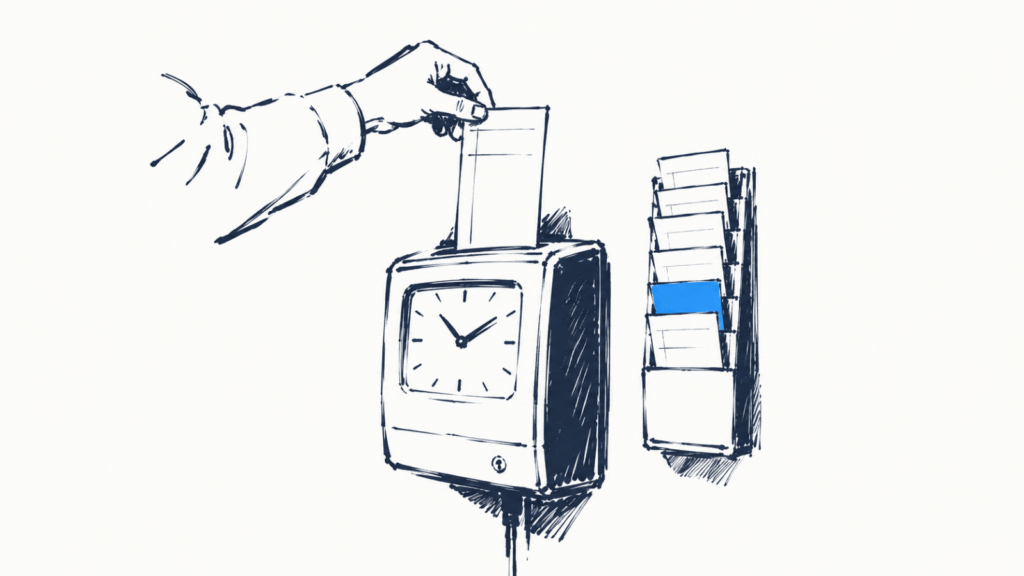 Ink illustration: a hand slotting a timecard into a wall-mounted punch clock